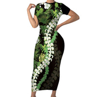 Omaomao Aloha Hawaii Lei Family Matching Short Sleeve Bodycon Dress and Hawaiian Shirt Tropical Flowers Elegant Vibe LT14 Mom's Dress Green - Polynesian Pride