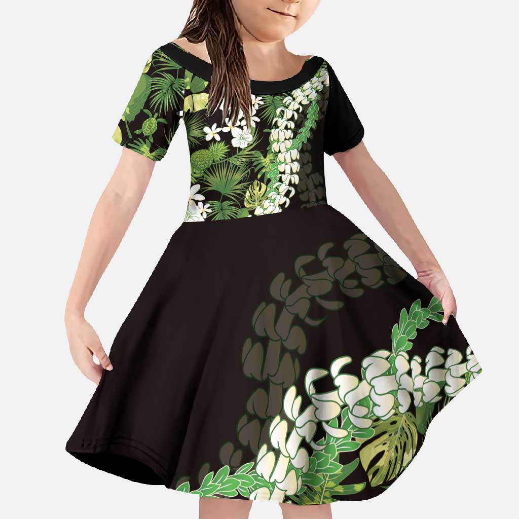Omaomao Aloha Hawaii Lei Family Matching Summer Maxi Dress and Hawaiian Shirt Tropical Flowers Elegant Vibe LT14 Daughter's Dress Green - Polynesian Pride