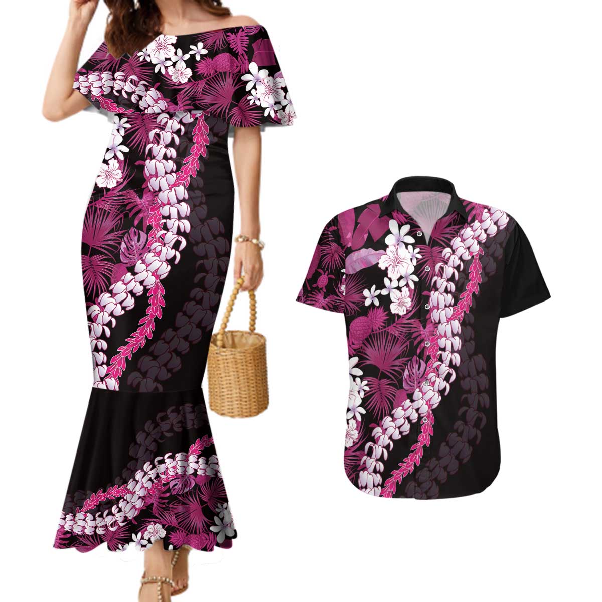 Akala Aloha Hawaii Lei Couples Matching Mermaid Dress and Hawaiian Shirt Tropical Flowers Elegant Vibe - Polynesian Pride