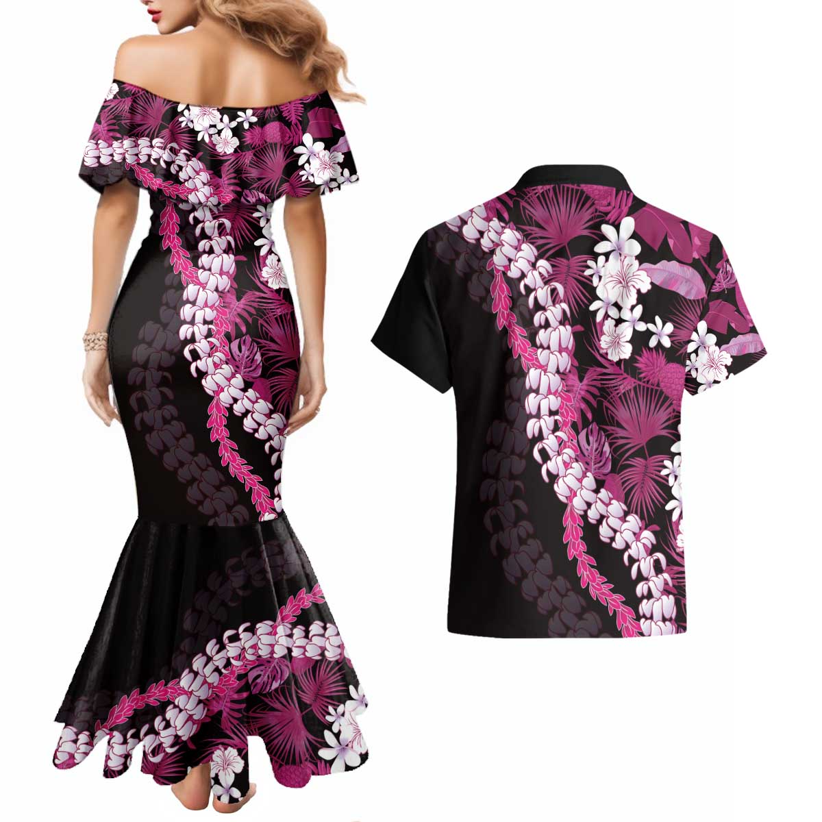 Akala Aloha Hawaii Lei Couples Matching Mermaid Dress and Hawaiian Shirt Tropical Flowers Elegant Vibe - Polynesian Pride