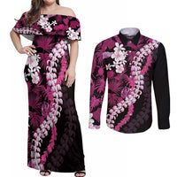 Akala Aloha Hawaii Lei Couples Matching Off Shoulder Maxi Dress and Long Sleeve Button Shirt Tropical Flowers Elegant Vibe - Polynesian Pride