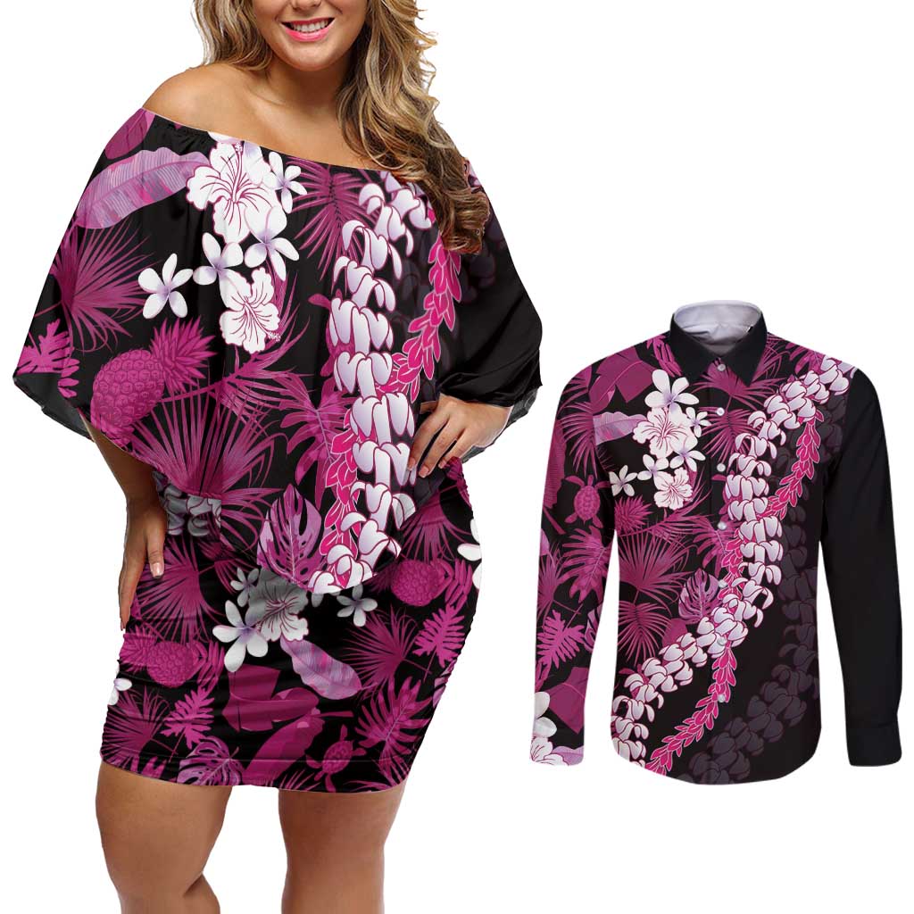 Akala Aloha Hawaii Lei Couples Matching Off Shoulder Short Dress and Long Sleeve Button Shirt Tropical Flowers Elegant Vibe - Polynesian Pride