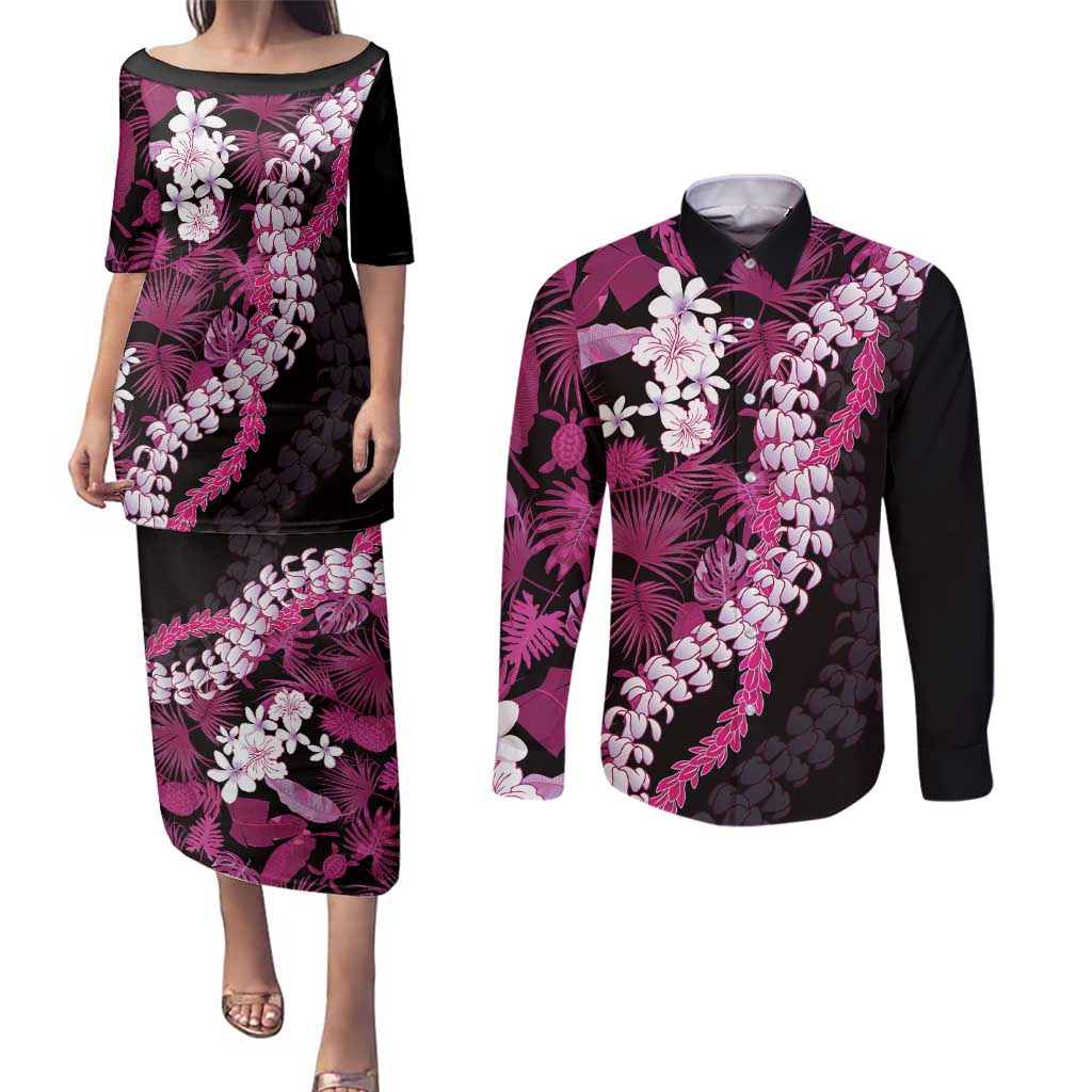 Akala Aloha Hawaii Lei Couples Matching Puletasi and Long Sleeve Button Shirt Tropical Flowers Elegant Vibe - Polynesian Pride