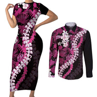 Akala Aloha Hawaii Lei Couples Matching Short Sleeve Bodycon Dress and Long Sleeve Button Shirt Tropical Flowers Elegant Vibe - Polynesian Pride