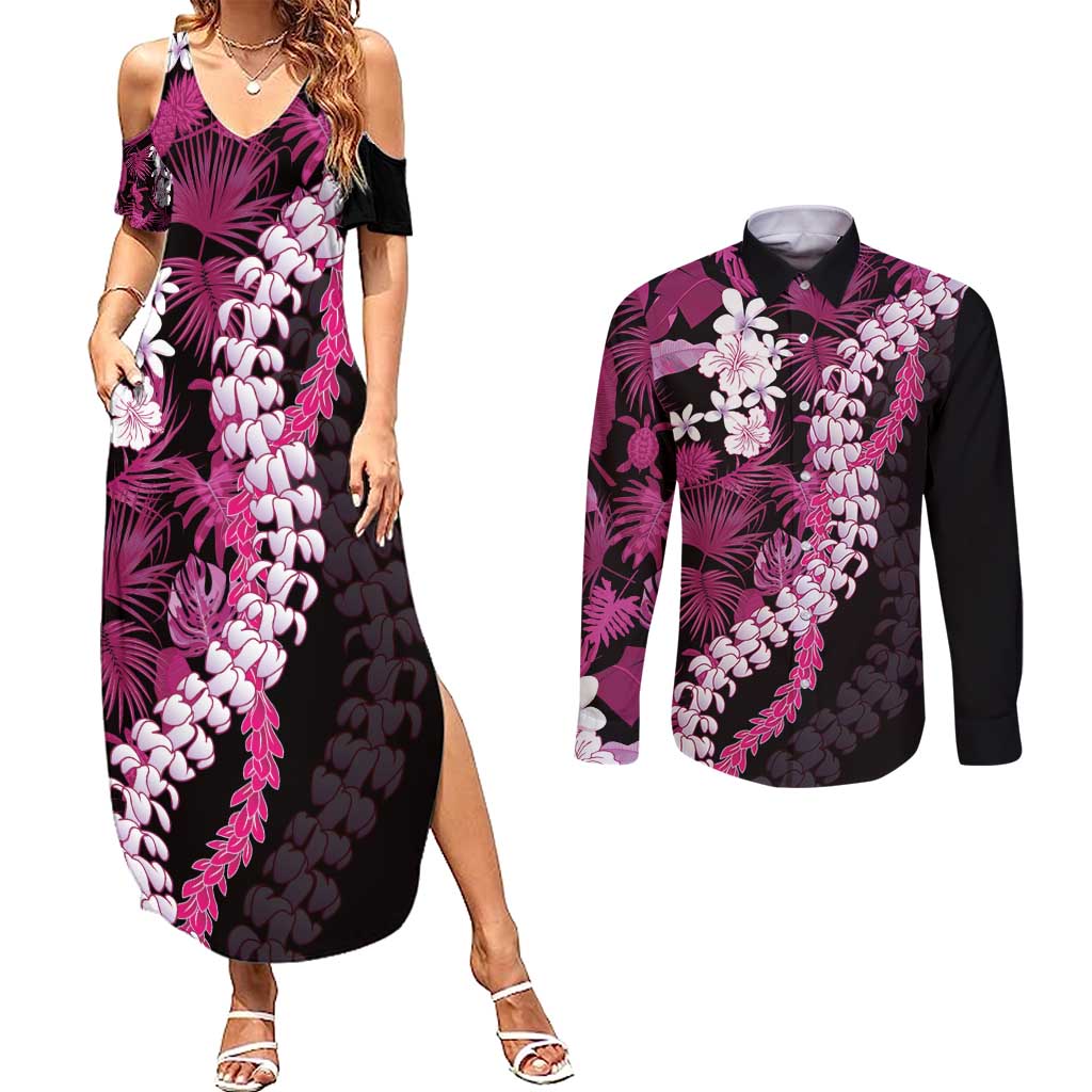 Akala Aloha Hawaii Lei Couples Matching Summer Maxi Dress and Long Sleeve Button Shirt Tropical Flowers Elegant Vibe - Polynesian Pride