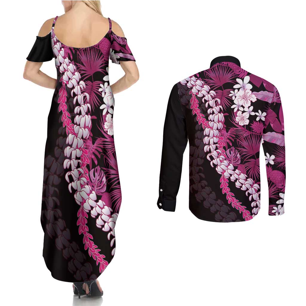 Akala Aloha Hawaii Lei Couples Matching Summer Maxi Dress and Long Sleeve Button Shirt Tropical Flowers Elegant Vibe - Polynesian Pride