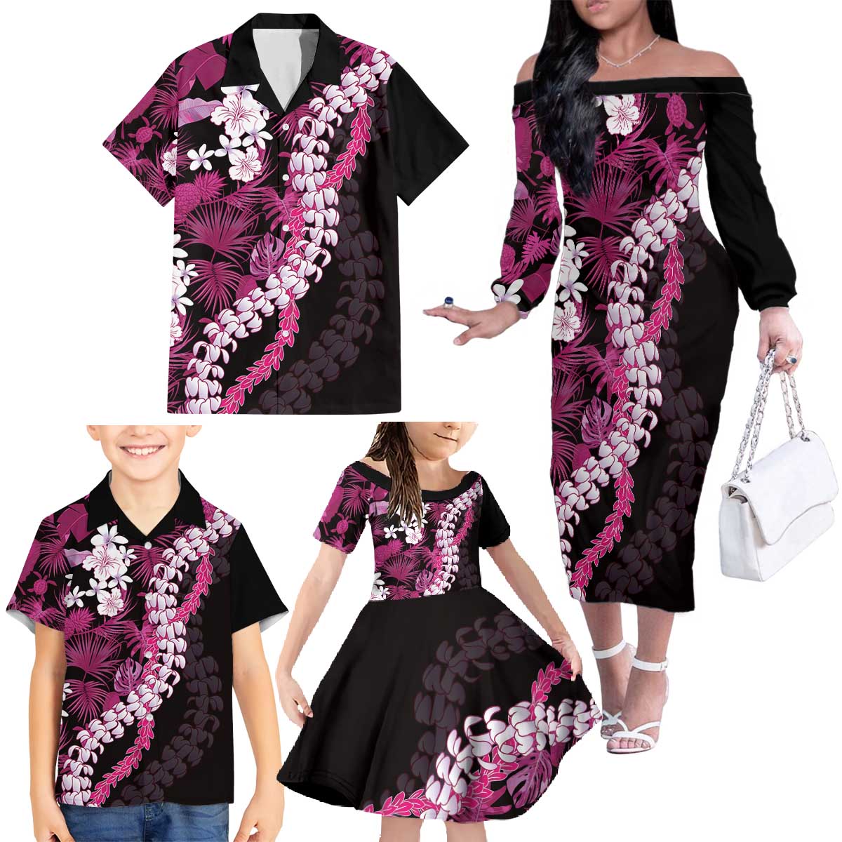 Akala Aloha Hawaii Lei Family Matching Off The Shoulder Long Sleeve Dress and Hawaiian Shirt Tropical Flowers Elegant Vibe LT14 - Polynesian Pride