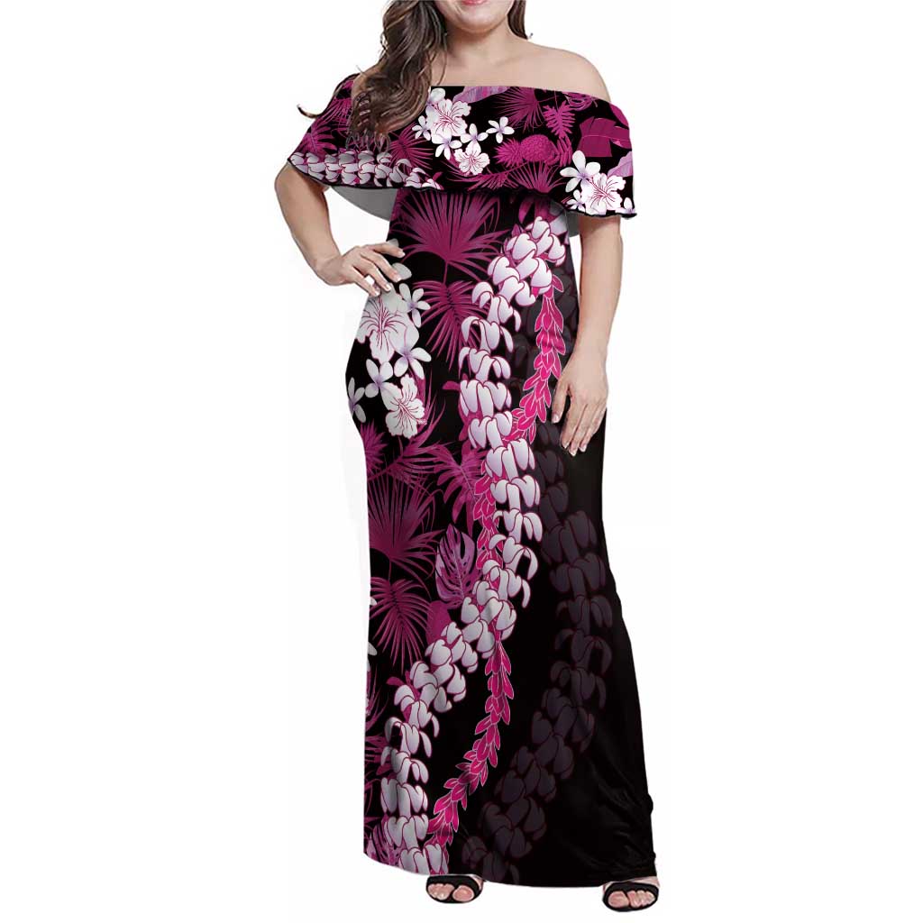 Akala Aloha Hawaii Lei Family Matching Off Shoulder Maxi Dress and Hawaiian Shirt Tropical Flowers Elegant Vibe LT14 Mom's Dress Pink - Polynesian Pride