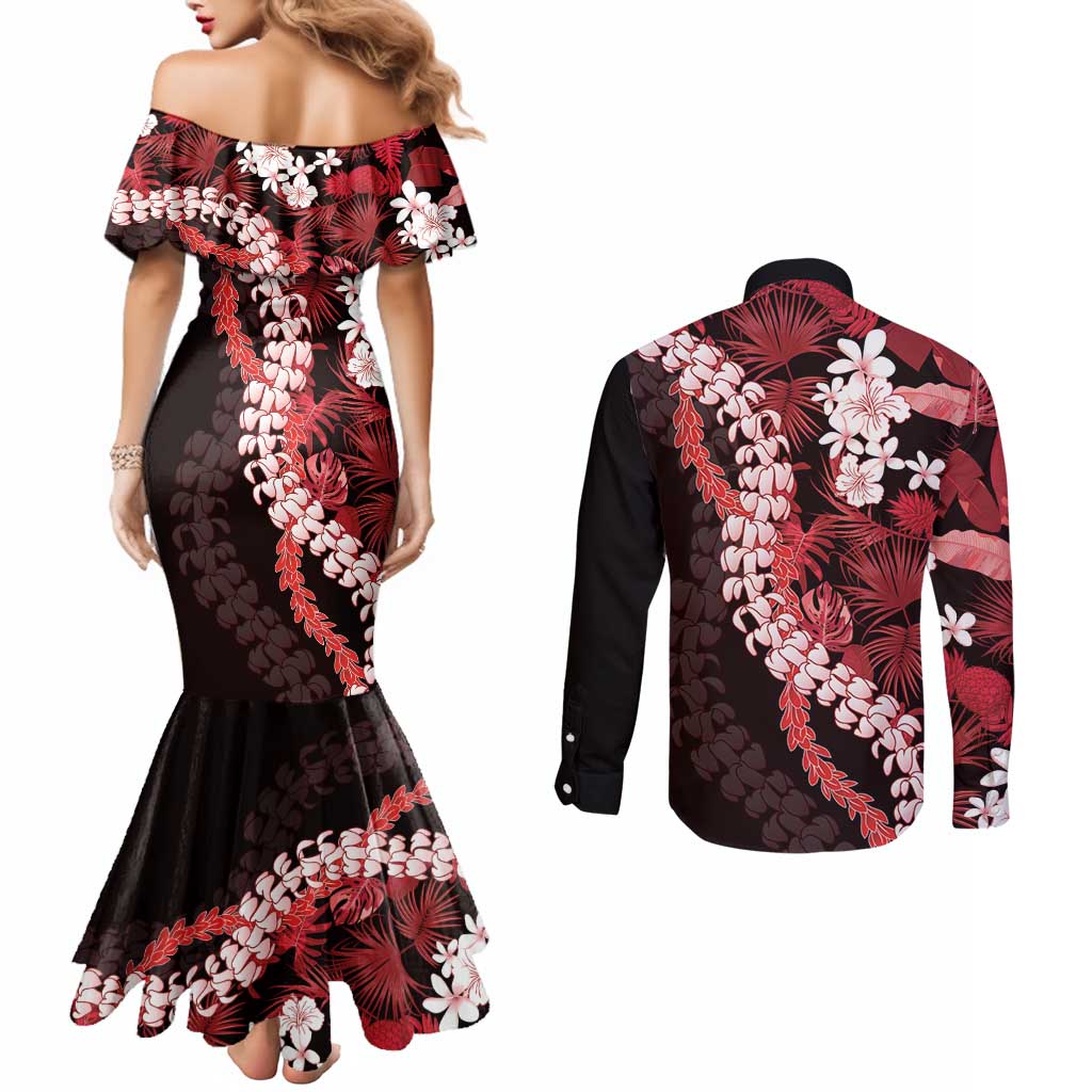 Ulaula Aloha Hawaii Lei Couples Matching Mermaid Dress and Long Sleeve Button Shirt Tropical Flowers Elegant Vibe - Polynesian Pride