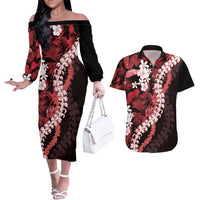 Ulaula Aloha Hawaii Lei Couples Matching Off The Shoulder Long Sleeve Dress and Hawaiian Shirt Tropical Flowers Elegant Vibe LT14 Red - Polynesian Pride
