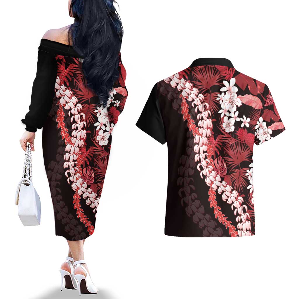 Ulaula Aloha Hawaii Lei Couples Matching Off The Shoulder Long Sleeve Dress and Hawaiian Shirt Tropical Flowers Elegant Vibe LT14 - Polynesian Pride