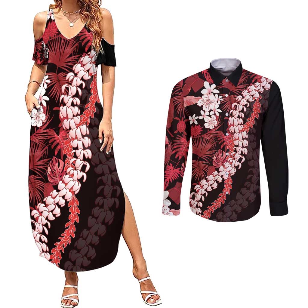 Ulaula Aloha Hawaii Lei Couples Matching Summer Maxi Dress and Long Sleeve Button Shirt Tropical Flowers Elegant Vibe LT14 Red - Polynesian Pride