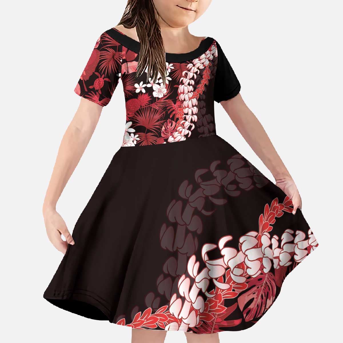 Ulaula Aloha Hawaii Lei Family Matching Off The Shoulder Long Sleeve Dress and Hawaiian Shirt Tropical Flowers Elegant Vibe LT14 Daughter's Dress Red - Polynesian Pride