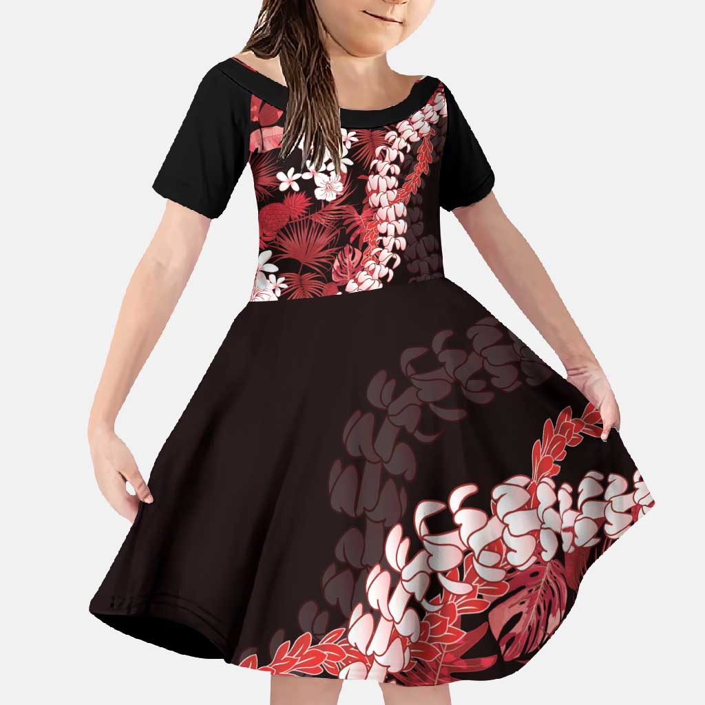 Ulaula Aloha Hawaii Lei Family Matching Off Shoulder Maxi Dress and Hawaiian Shirt Tropical Flowers Elegant Vibe LT14 Daughter's Dress Red - Polynesian Pride