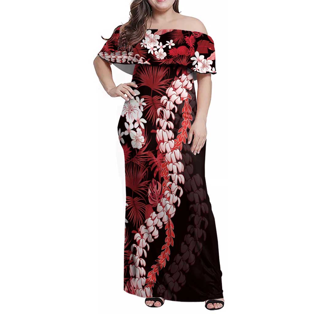 Ulaula Aloha Hawaii Lei Family Matching Off Shoulder Maxi Dress and Hawaiian Shirt Tropical Flowers Elegant Vibe LT14 Mom's Dress Red - Polynesian Pride