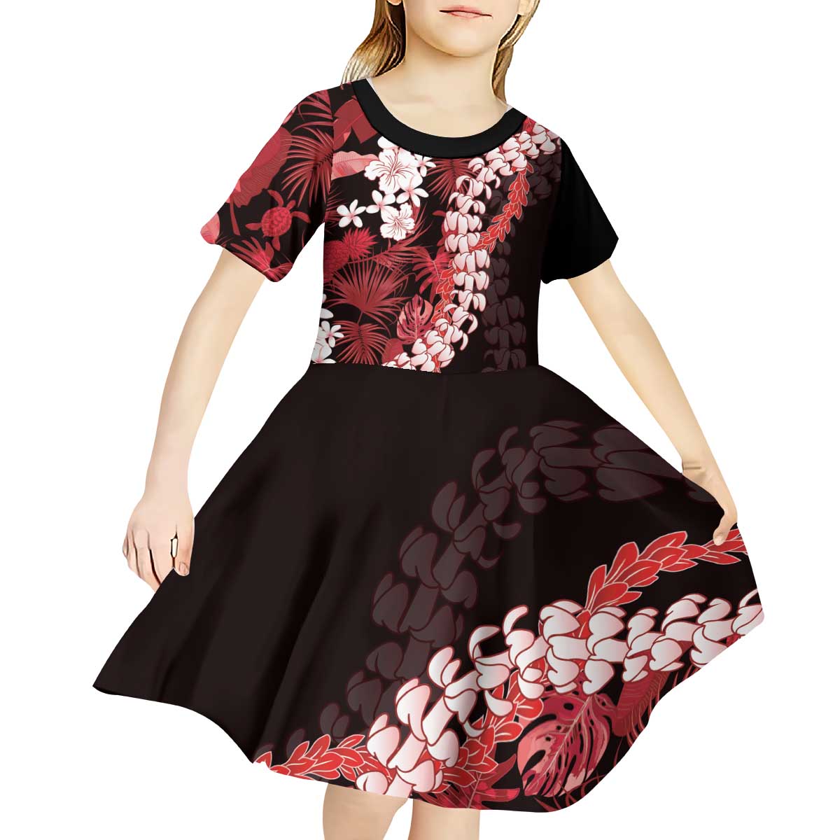 Ulaula Aloha Hawaii Lei Kid Short Sleeve Dress Tropical Flowers Elegant Vibe - Polynesian Pride