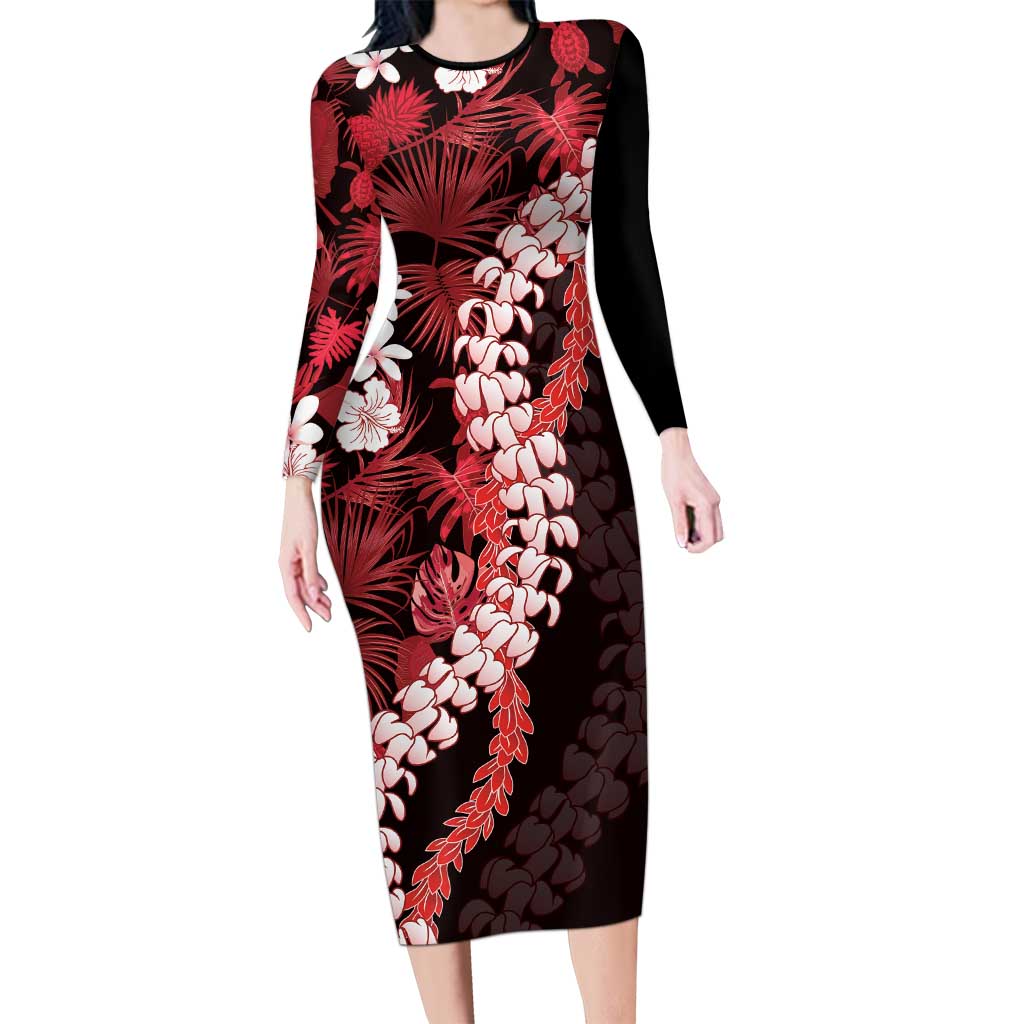 Ulaula Aloha Hawaii Lei Long Sleeve Bodycon Dress Tropical Flowers Elegant Vibe - Polynesian Pride