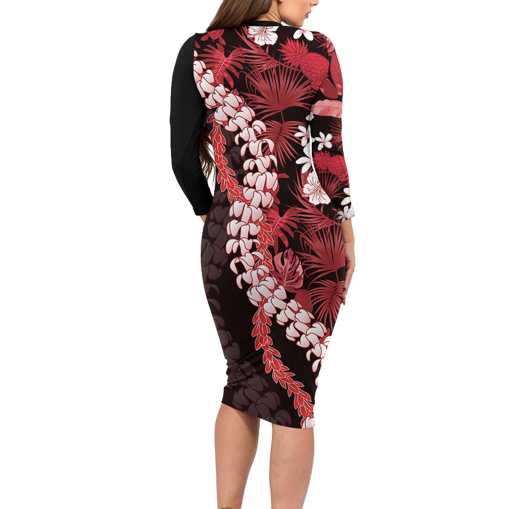 Ulaula Aloha Hawaii Lei Long Sleeve Bodycon Dress Tropical Flowers Elegant Vibe - Polynesian Pride