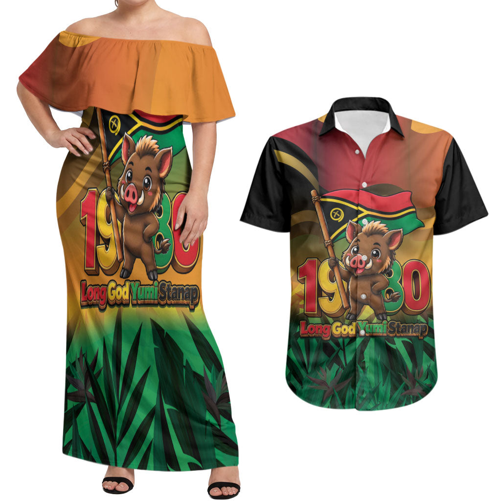 Vanuatu Independence Day Couples Matching Off Shoulder Maxi Dress and Hawaiian Shirt Chibi Boar Proud To Be A Ni-Van LT14 Multicolor - Polynesian Pride