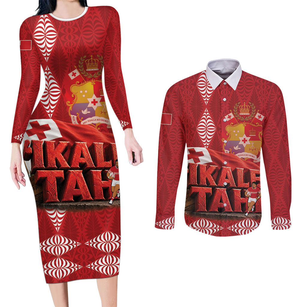 Tonga Rugby Custom Couples Matching Long Sleeve Bodycon Dress and Long Sleeve Button Shirt 2026 Go Ikale Tahi Ngatu Pattern