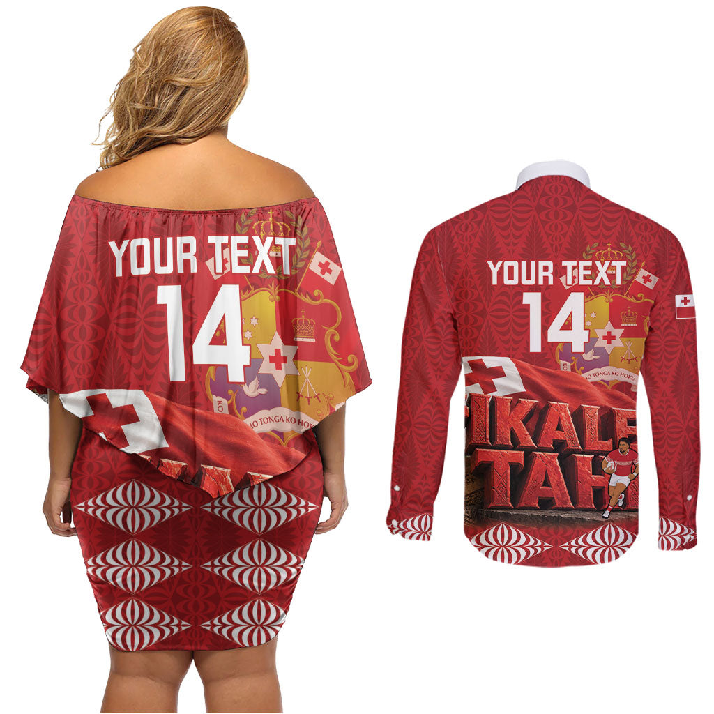 Tonga Rugby Custom Couples Matching Off Shoulder Short Dress and Long Sleeve Button Shirt 2026 Go Ikale Tahi Ngatu Pattern
