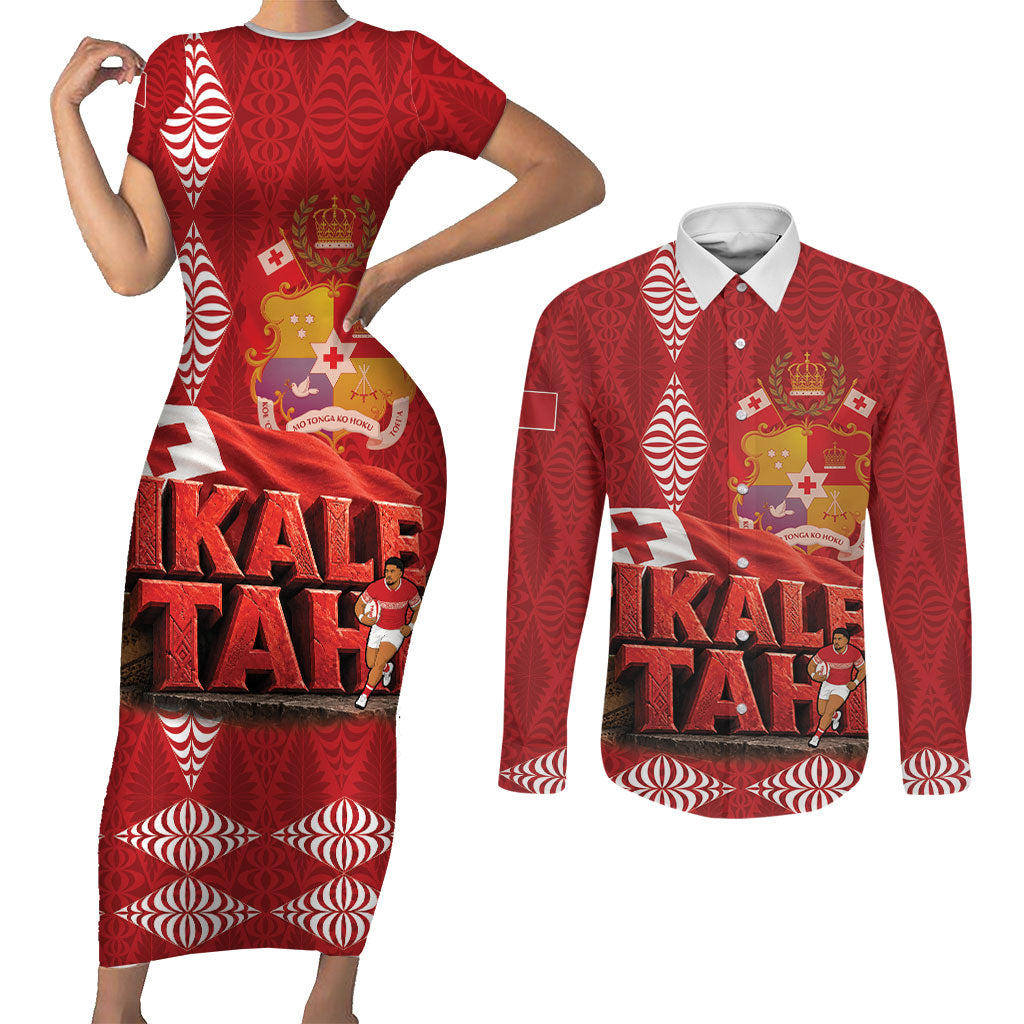 Tonga Rugby Custom Couples Matching Short Sleeve Bodycon Dress and Long Sleeve Button Shirt 2026 Go Ikale Tahi Ngatu Pattern