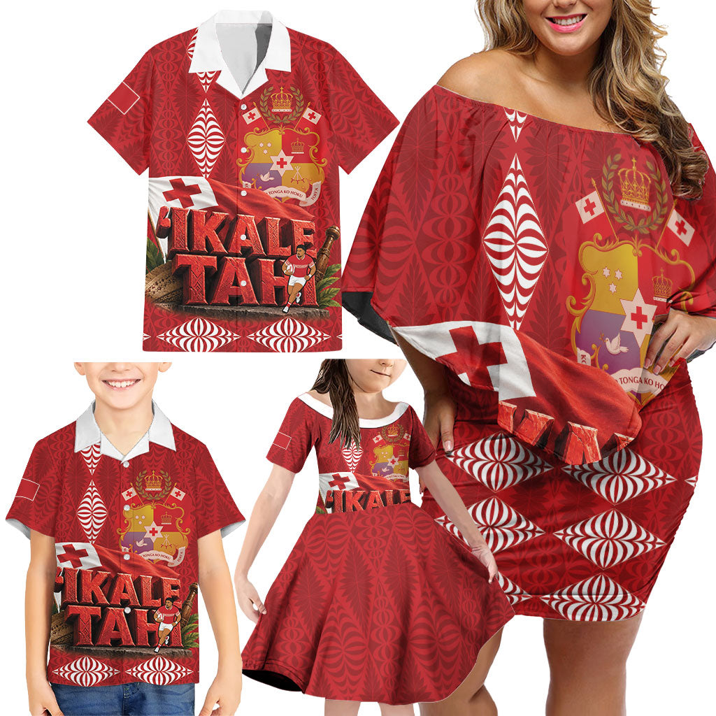 Tonga Rugby Custom Family Matching Off Shoulder Short Dress and Hawaiian Shirt 2026 Go Ikale Tahi Ngatu Pattern LT14 - Polynesian Pride