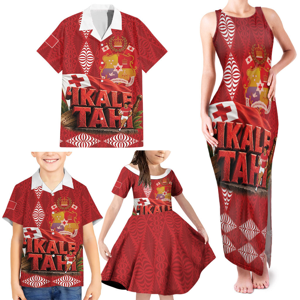 Tonga Rugby Custom Family Matching Tank Maxi Dress and Hawaiian Shirt 2026 Go Ikale Tahi Ngatu Pattern