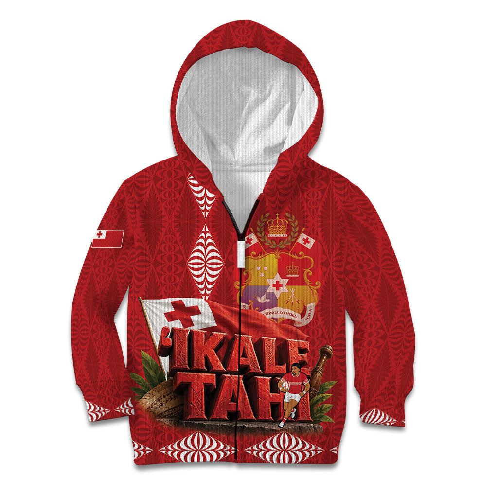 Tonga Rugby Custom Kid Hoodie 2026 Go Ikale Tahi Ngatu Pattern LT14 Zip Hoodie Red - Polynesian Pride
