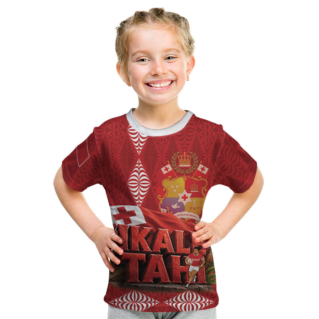 Tonga Rugby Custom Kid T Shirt 2026 Go Ikale Tahi Ngatu Pattern LT14 Red - Polynesian Pride