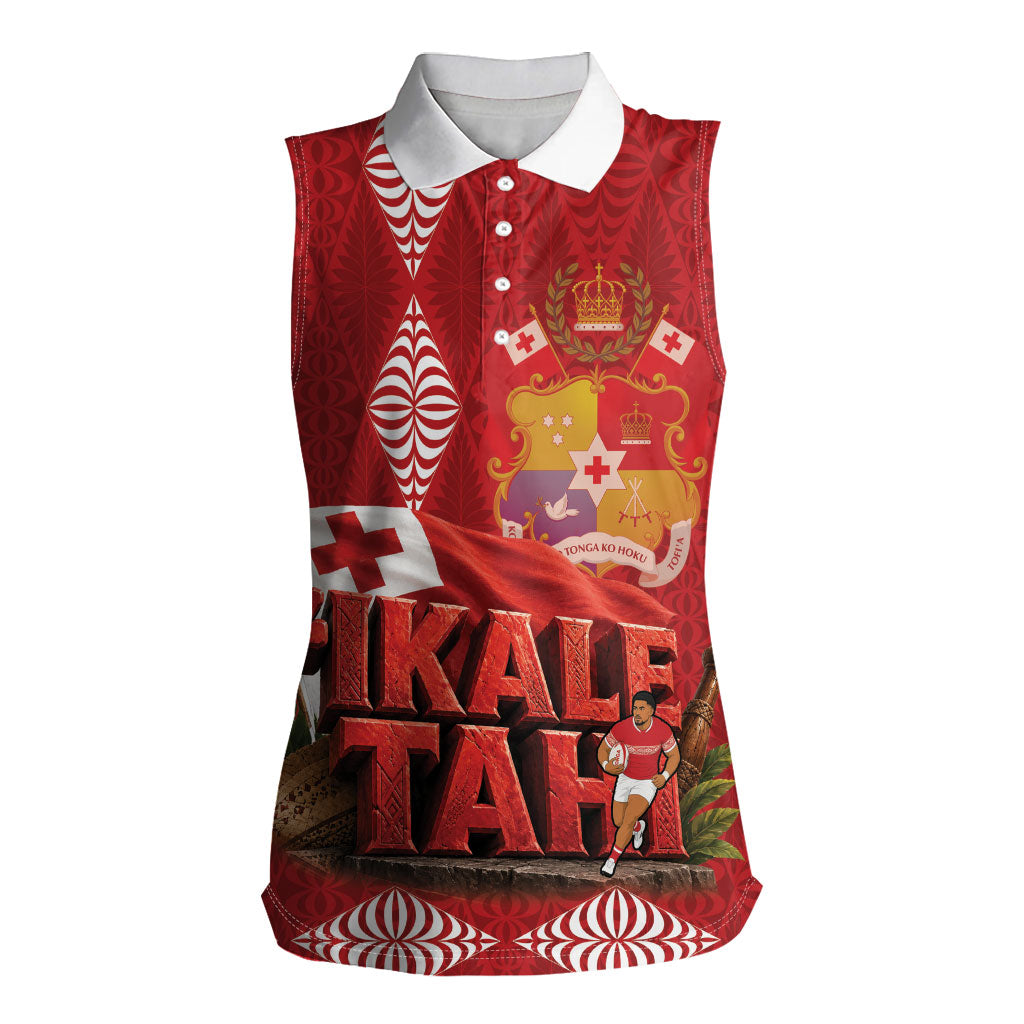 Tonga Rugby Custom Women Sleeveless Polo Shirt 2026 Go Ikale Tahi Ngatu Pattern LT14 Female Red - Polynesian Pride