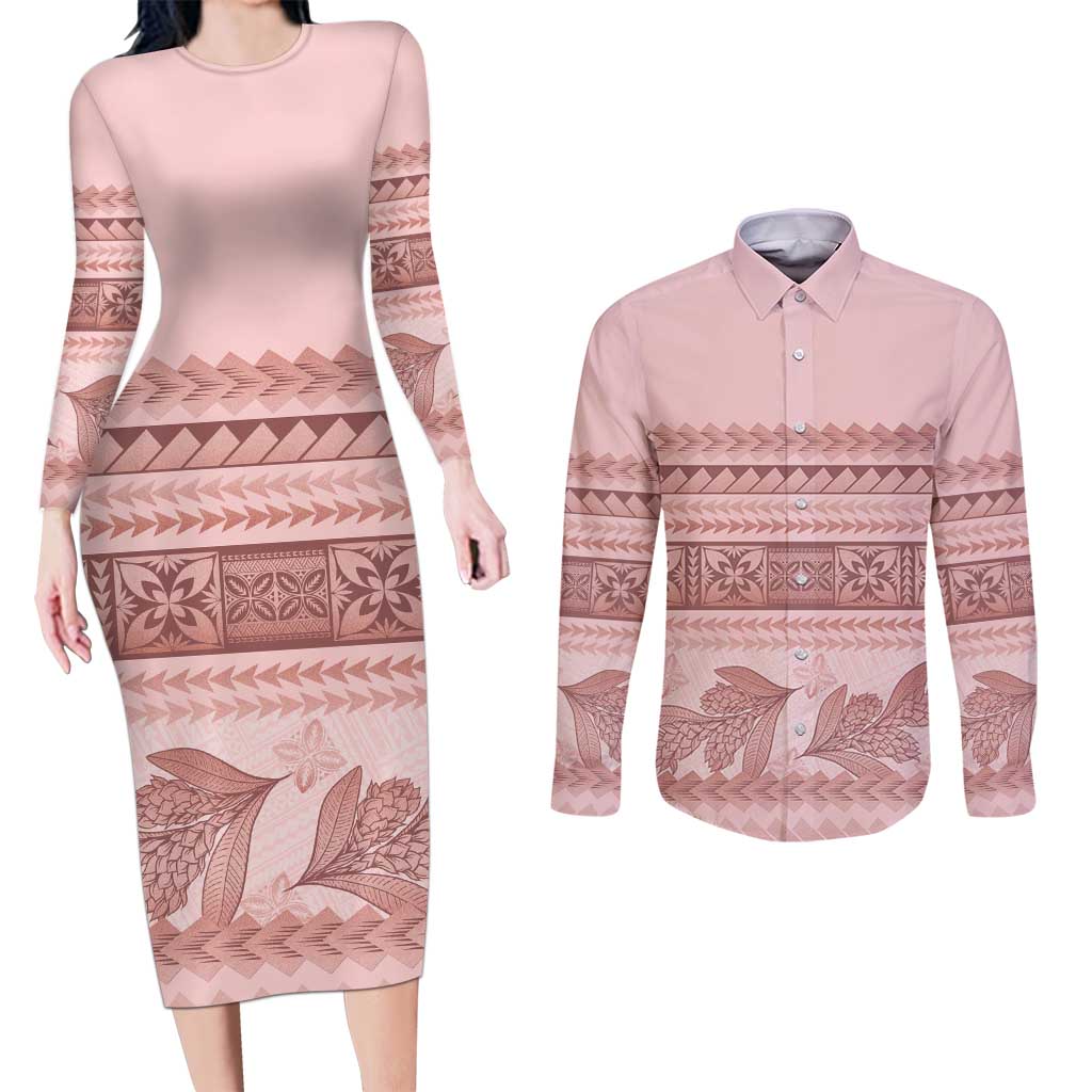 Pastel Pink Samoa Siapo Teuila Flowers Couples Matching Long Sleeve Bodycon Dress and Long Sleeve Button Shirt - Polynesian Pride