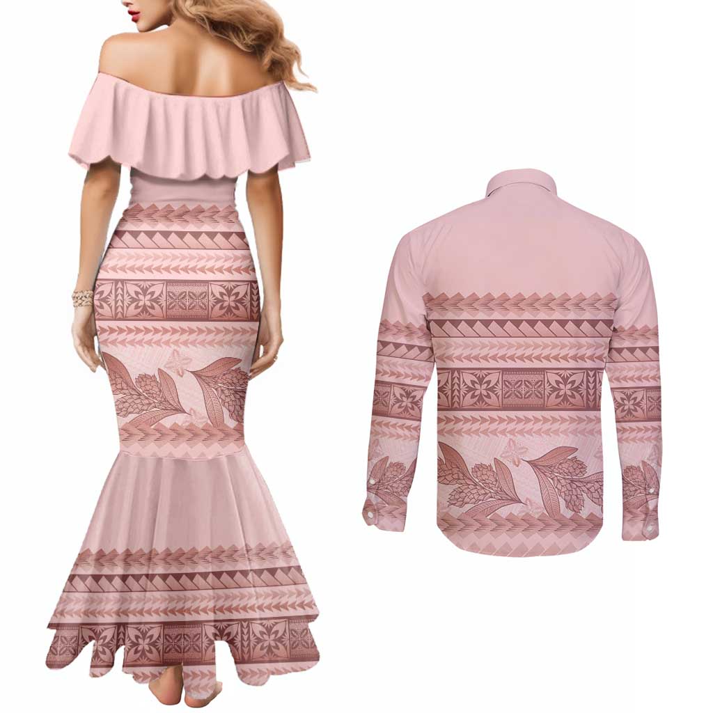 Pastel Pink Samoa Siapo Teuila Flowers Couples Matching Mermaid Dress and Long Sleeve Button Shirt - Polynesian Pride