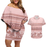 Pastel Pink Samoa Siapo Teuila Flowers Couples Matching Off Shoulder Short Dress and Hawaiian Shirt - Polynesian Pride