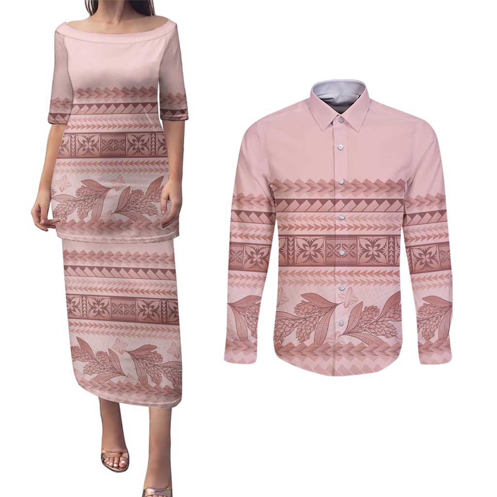 Pastel Pink Samoa Siapo Teuila Flowers Couples Matching Puletasi and Long Sleeve Button Shirt - Polynesian Pride