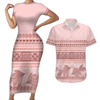 Pastel Pink Samoa Siapo Teuila Flowers Couples Matching Short Sleeve Bodycon Dress and Hawaiian Shirt - Polynesian Pride