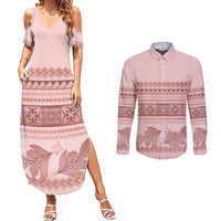 Pastel Pink Samoa Siapo Teuila Flowers Couples Matching Summer Maxi Dress and Long Sleeve Button Shirt - Polynesian Pride