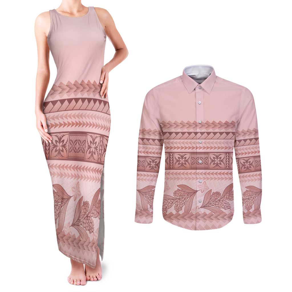Pastel Pink Samoa Siapo Teuila Flowers Couples Matching Tank Maxi Dress and Long Sleeve Button Shirt - Polynesian Pride