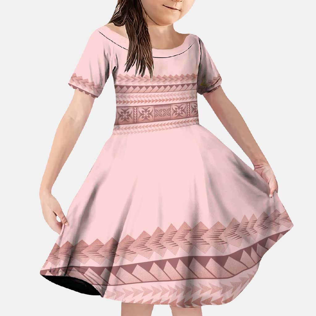 Pastel Pink Samoa Siapo Teuila Flowers Family Matching Long Sleeve Bodycon Dress and Hawaiian Shirt LT14 Daughter's Dress Pastel Pink - Polynesian Pride