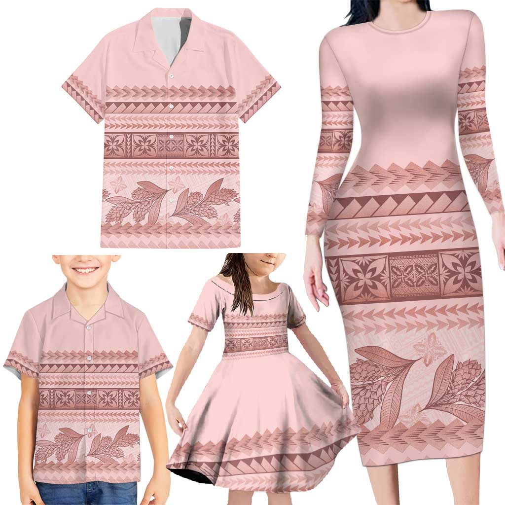 Pastel Pink Samoa Siapo Teuila Flowers Family Matching Long Sleeve Bodycon Dress and Hawaiian Shirt LT14 - Polynesian Pride