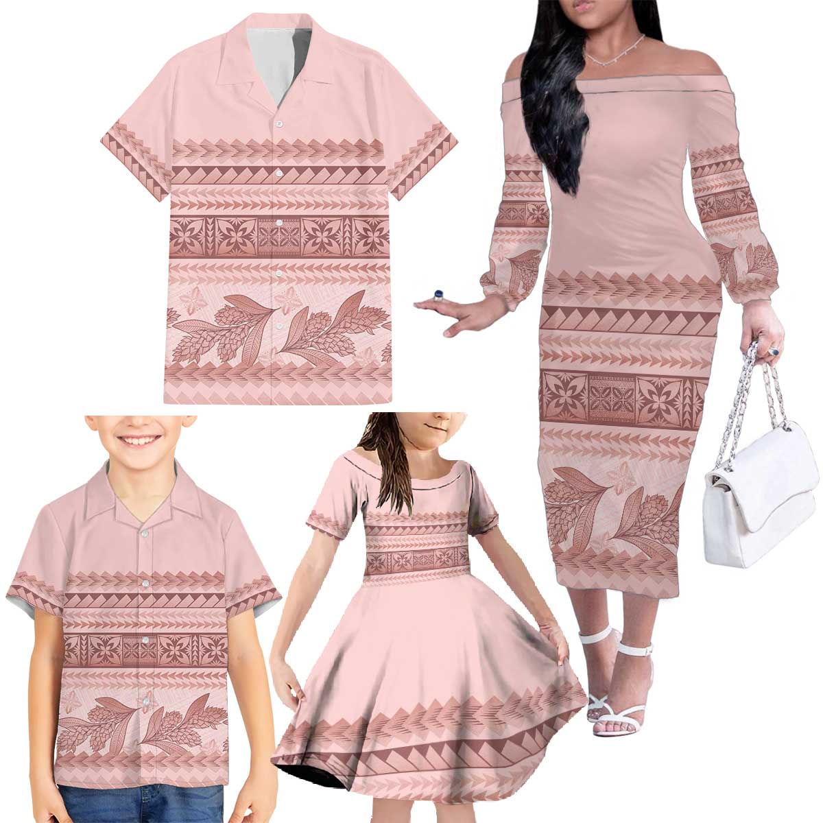 Pastel Pink Samoa Siapo Teuila Flowers Family Matching Off The Shoulder Long Sleeve Dress and Hawaiian Shirt - Polynesian Pride
