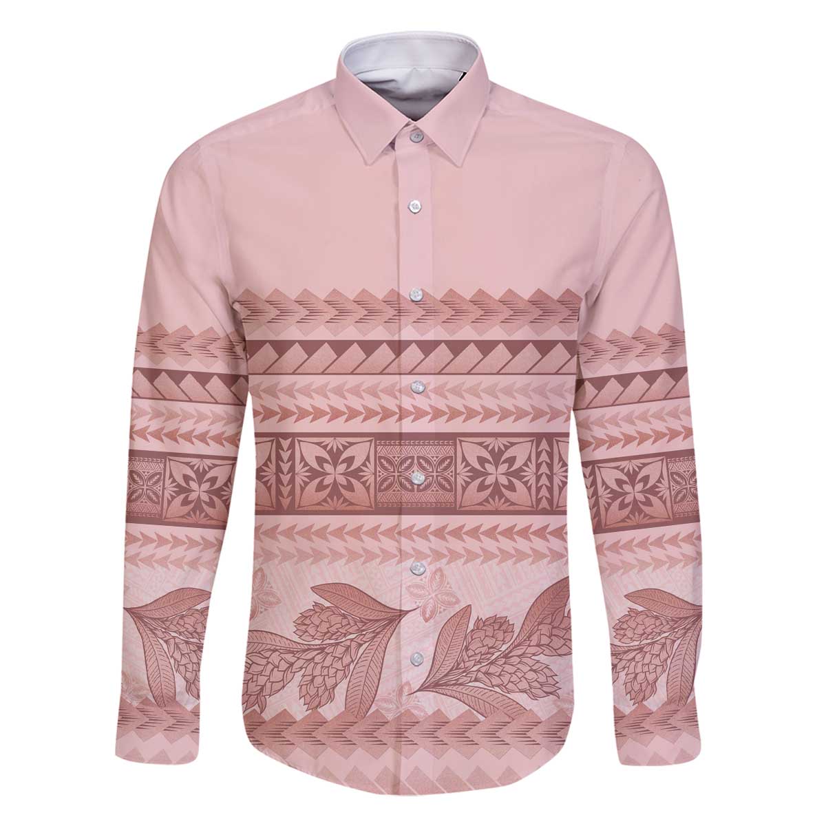 Pastel Pink Samoa Siapo Teuila Flowers Family Matching Off The Shoulder Long Sleeve Dress and Hawaiian Shirt LT14 Dad's Shirt - Long Sleeve Pastel Pink - Polynesian Pride