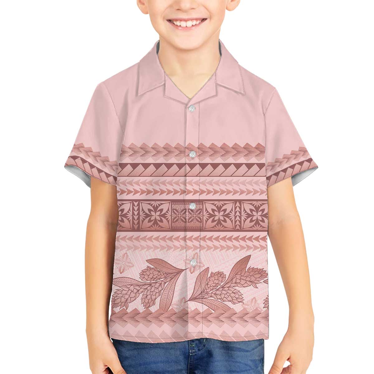 Pastel Pink Samoa Siapo Teuila Flowers Family Matching Off The Shoulder Long Sleeve Dress and Hawaiian Shirt LT14 Son's Shirt Pastel Pink - Polynesian Pride