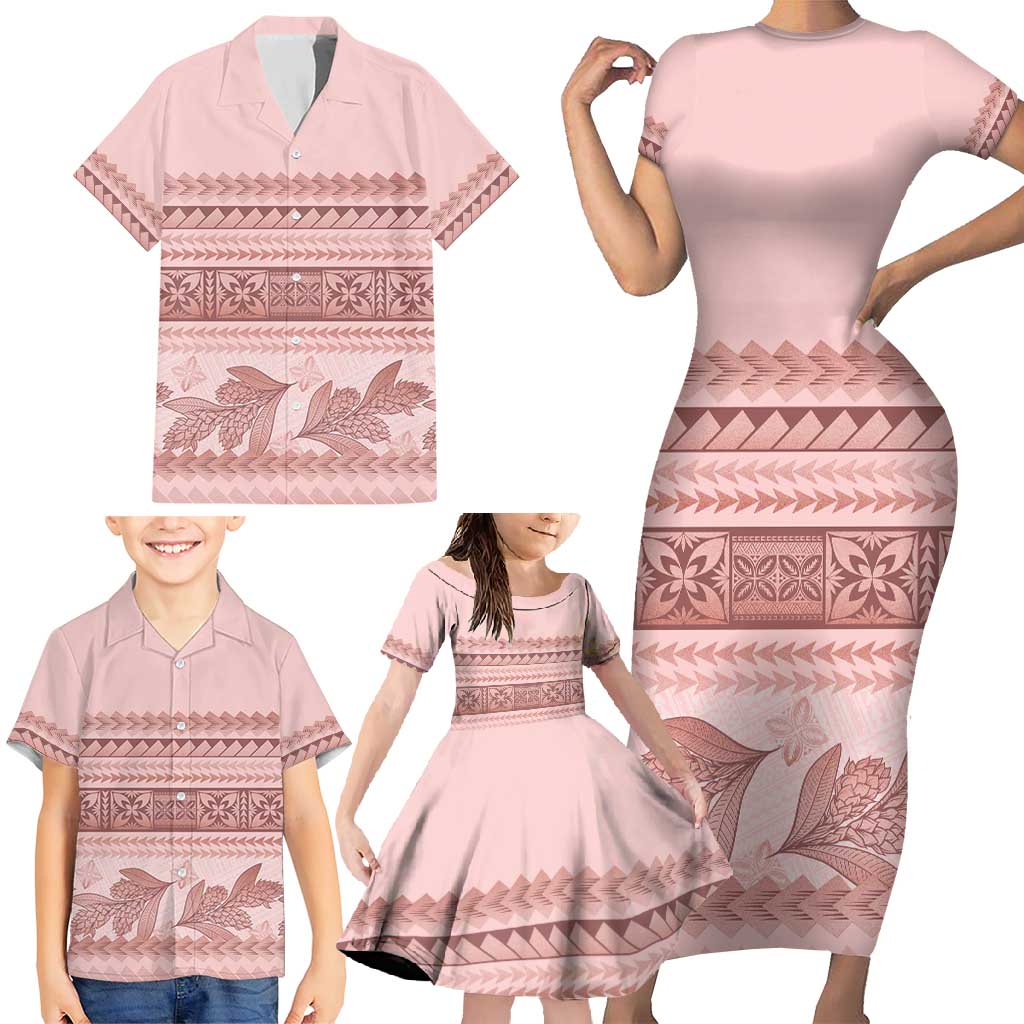 Pastel Pink Samoa Siapo Teuila Flowers Family Matching Short Sleeve Bodycon Dress and Hawaiian Shirt LT14 - Polynesian Pride