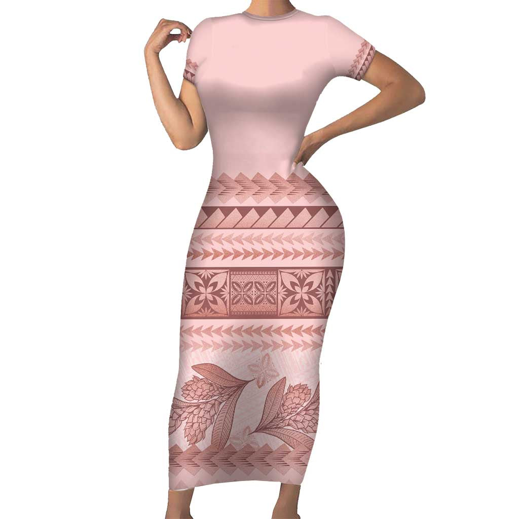 Pastel Pink Samoa Siapo Teuila Flowers Family Matching Short Sleeve Bodycon Dress and Hawaiian Shirt LT14 Mom's Dress Pastel Pink - Polynesian Pride