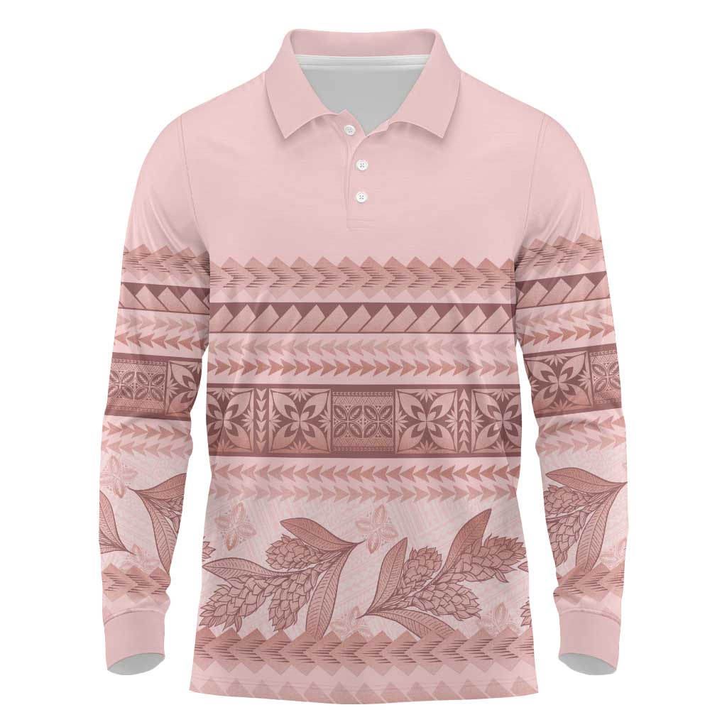 Pastel Pink Samoa Siapo Teuila Flowers Long Sleeve Polo Shirt - Polynesian Pride