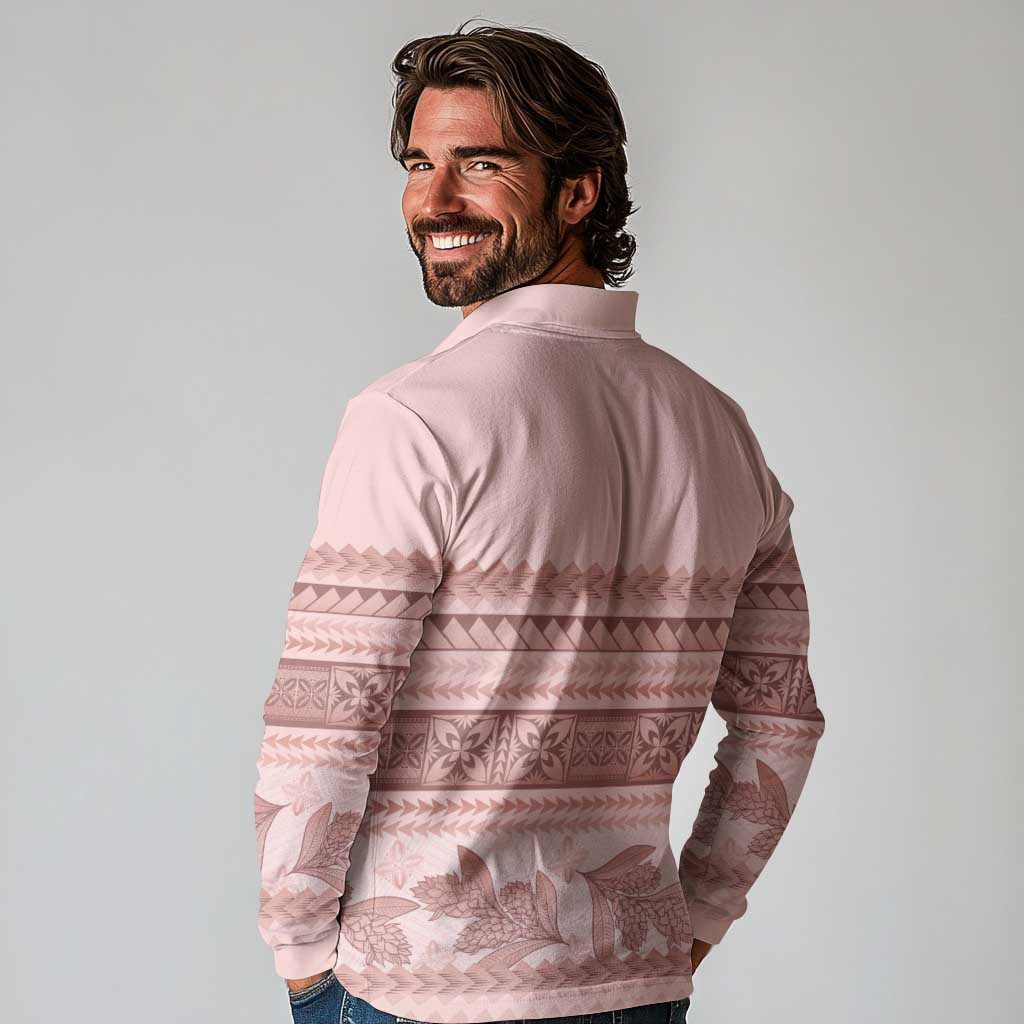 Pastel Pink Samoa Siapo Teuila Flowers Long Sleeve Polo Shirt - Polynesian Pride