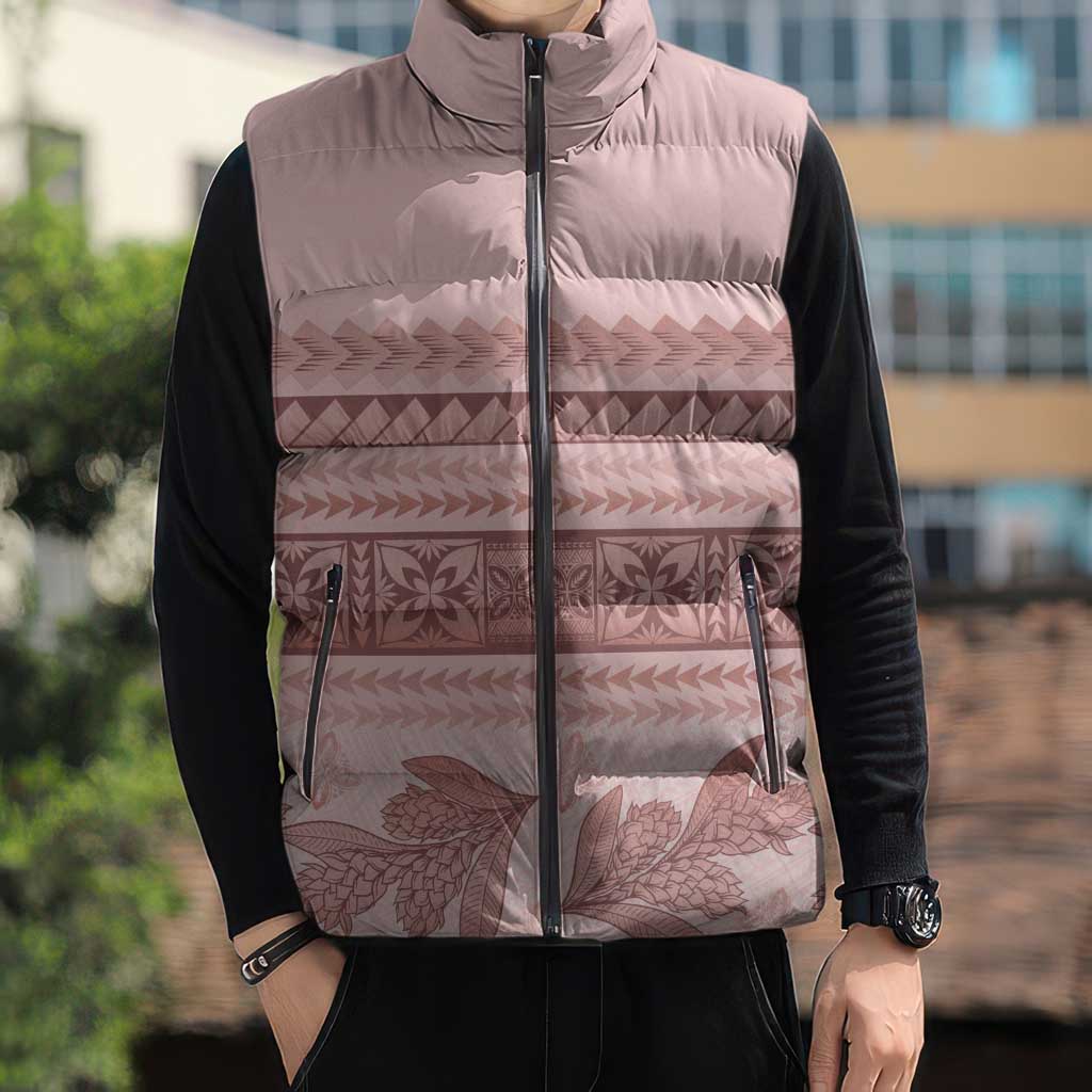 Pastel Pink Samoa Siapo Teuila Flowers Sleeveless Puffer Jacket - Polynesian Pride