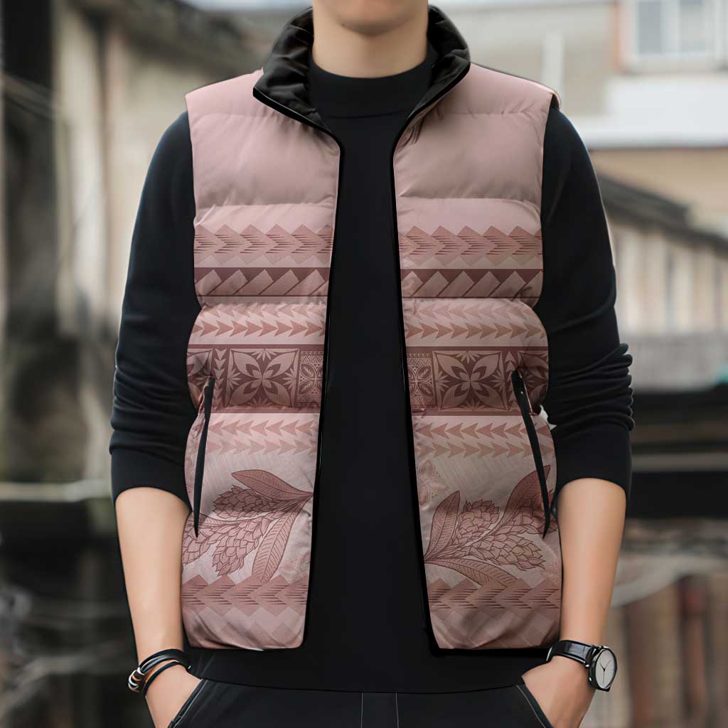 Pastel Pink Samoa Siapo Teuila Flowers Sleeveless Puffer Jacket - Polynesian Pride