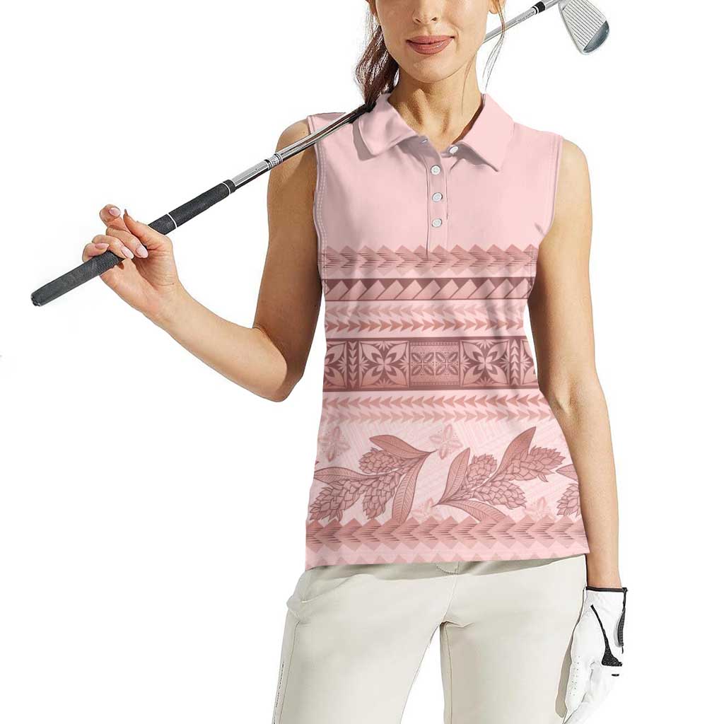Pastel Pink Samoa Siapo Teuila Flowers Women Sleeveless Polo Shirt - Polynesian Pride